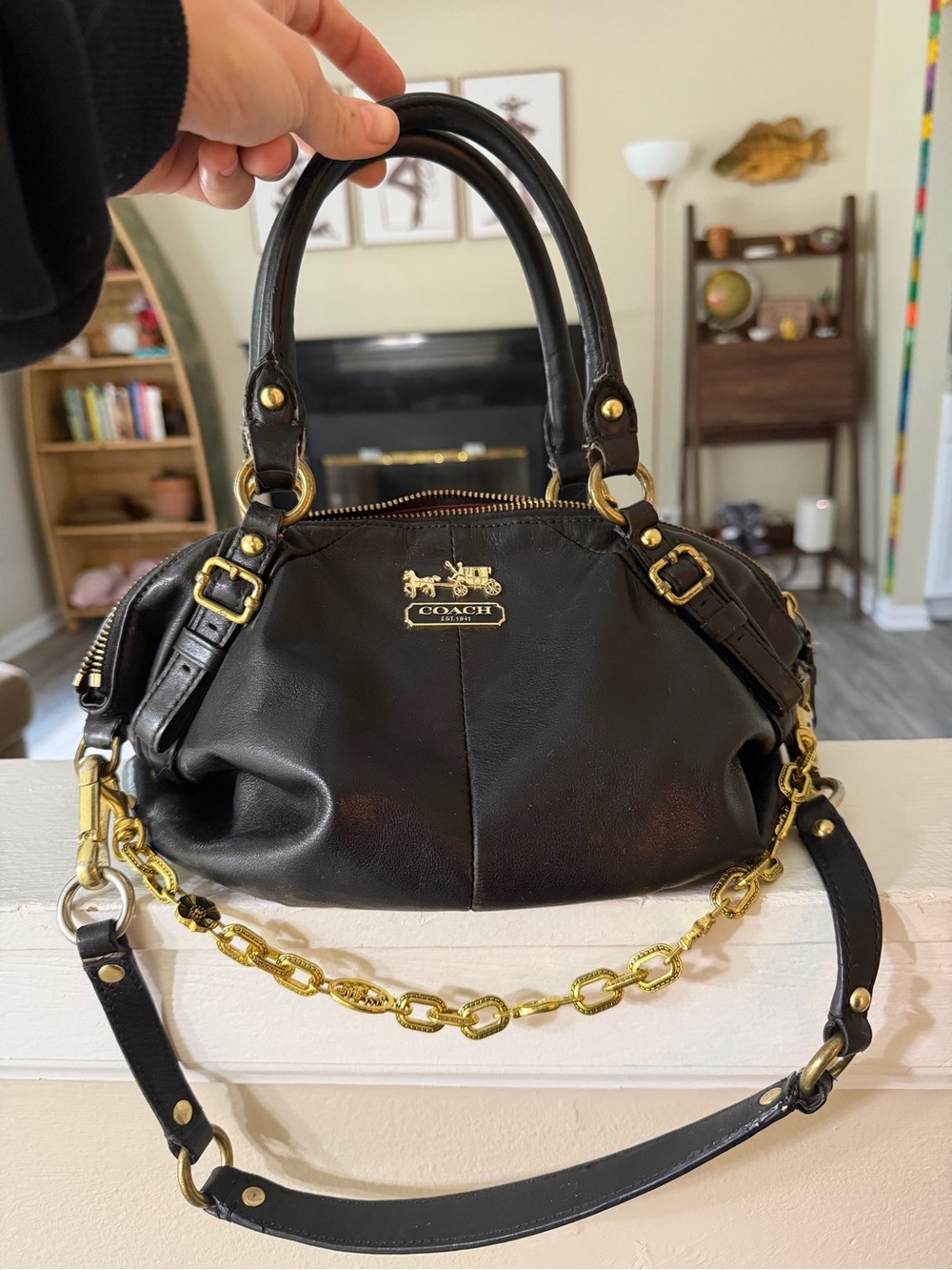 Coach Madison Sophia Style 15960 Black Leather Satchel with Gold Chain Detail